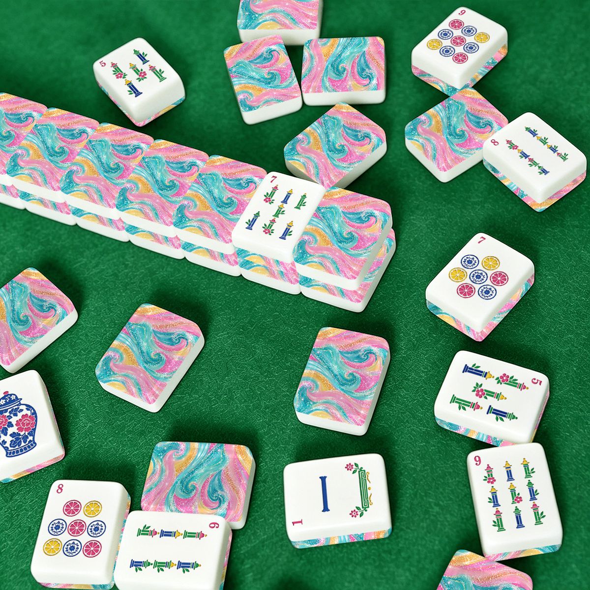 The Tide Is High Chinoiserie Engraved Mahjong Tiles And Carry Case - Splash Of Mahj And Color Co.