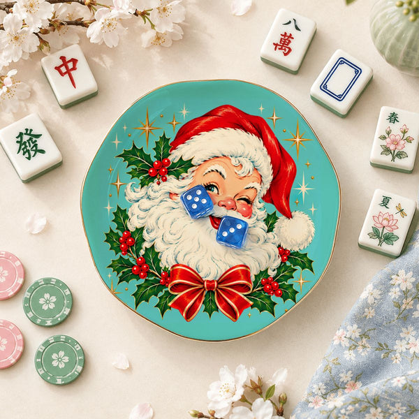 Nostalgic Santa Round Scalloped Ceramic Mahjong Dice Tray - Splash Of Mahj And Color Co.