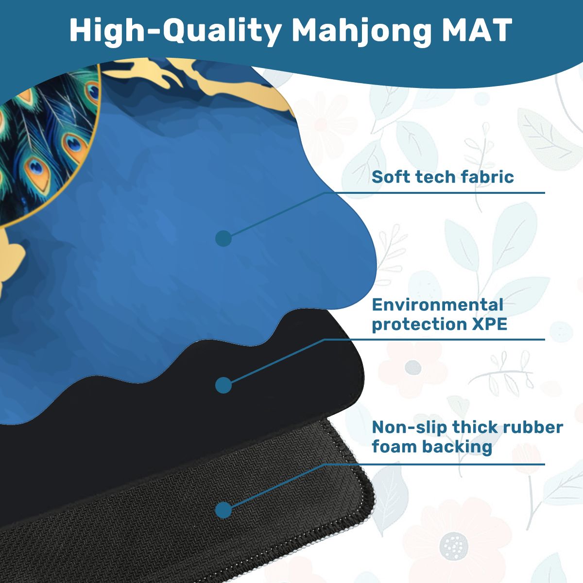 Blue Gold Gilded Peacock Scalloped Mahjong Mat