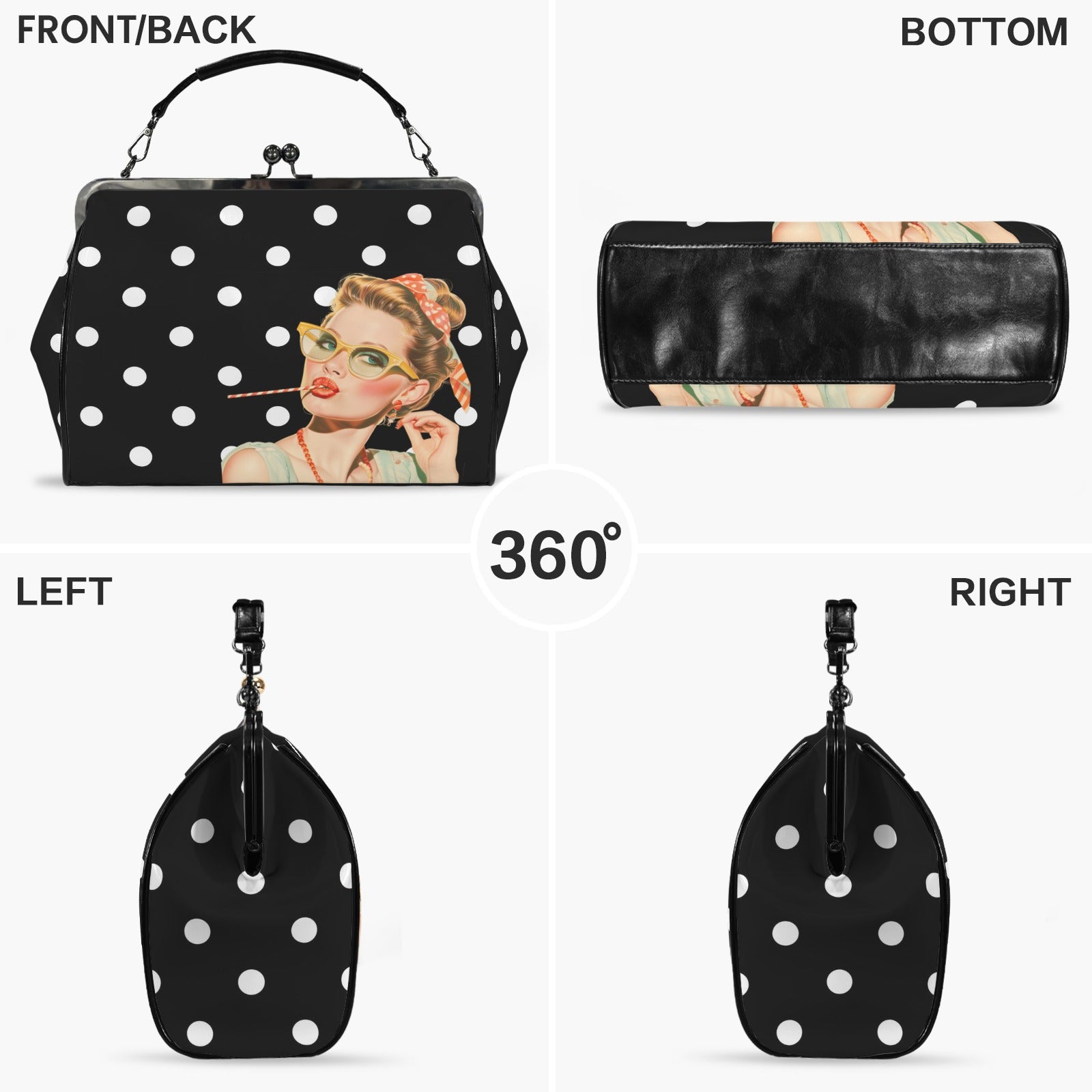 Trendy Black And White Polka Dot Nostalgic Sassy Girl Kisslock Handbag Kisslock Crossbody Shoulder Bag - Splash of Color Co.