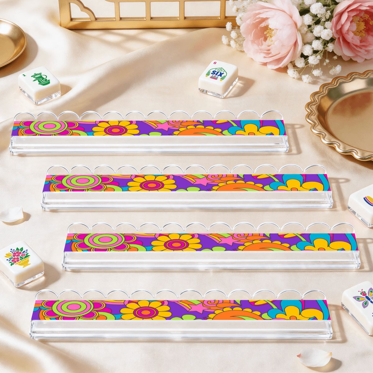 Psychadelic Boom Extended Mahjong Rack Set of 4 Scalloped Magnetic Tile Pusher - Splash Of Mahj And Color Co.