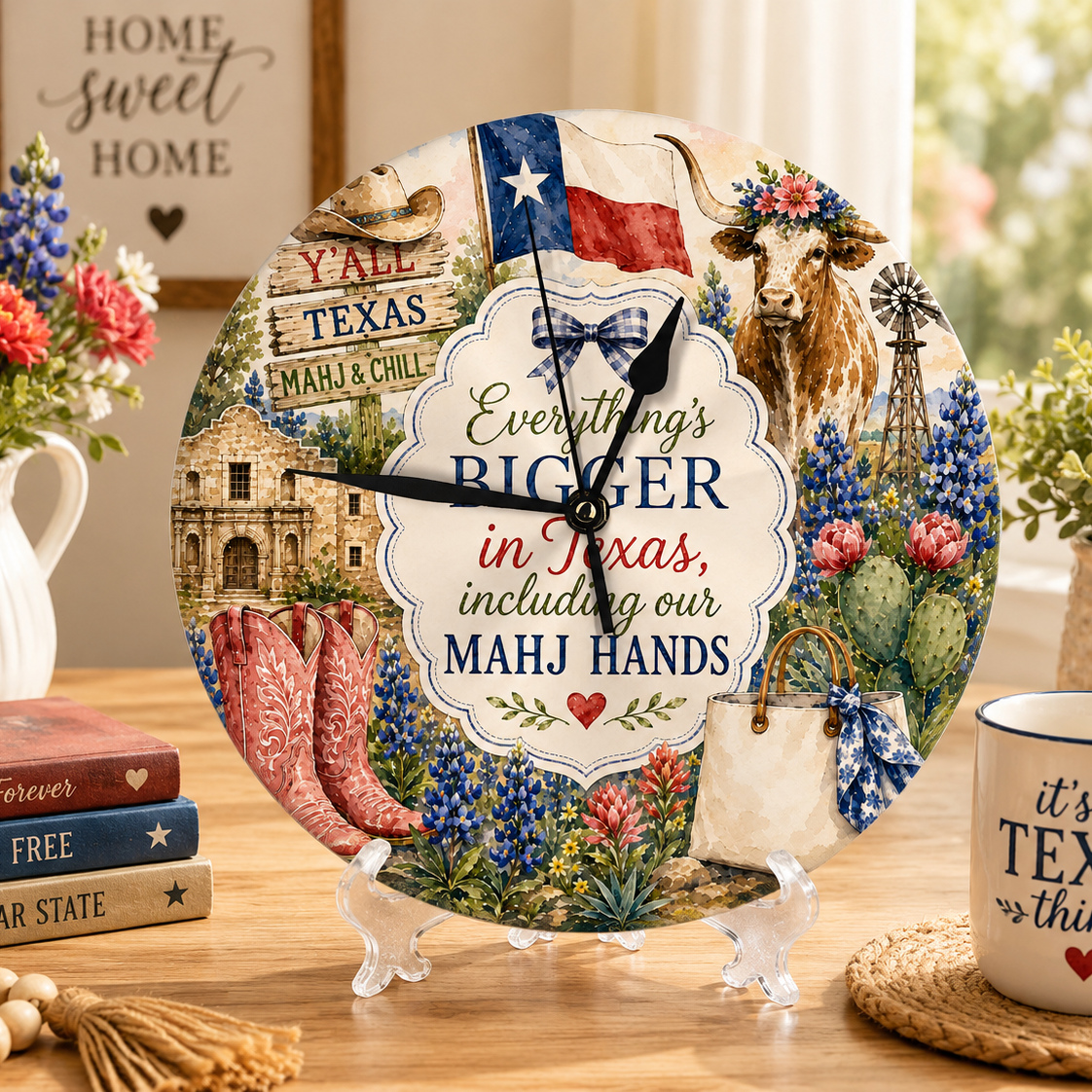 Everything's Bigger In Texas Mahjong Wall Or Desk Clock With Stand