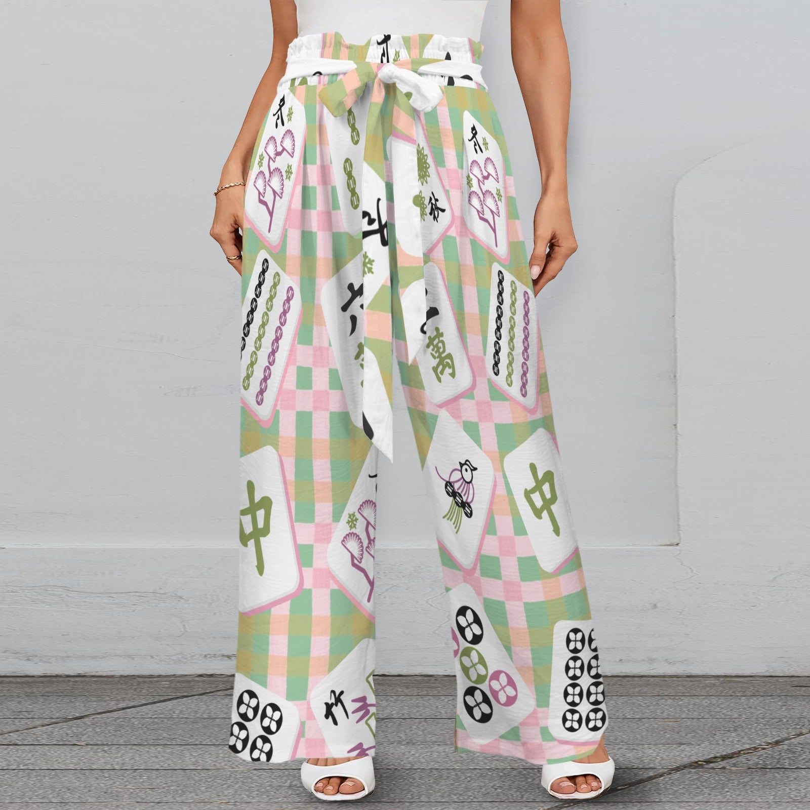 Preppy Trendy Mahjong Pants With Belt, Pink Green Striped And Mahj Tile Print - Splash of Color Co.