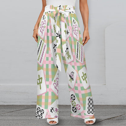 Preppy Trendy Mahjong Pants With Belt, Pink Green Striped And Mahj Tile Print - Splash of Color Co.