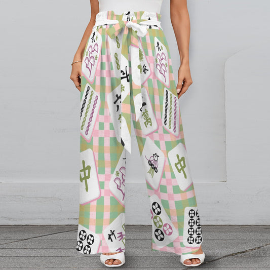 Preppy Trendy Mahjong Pants With Belt, Pink Green Striped And Mahj Tile Print - Splash of Color Co.