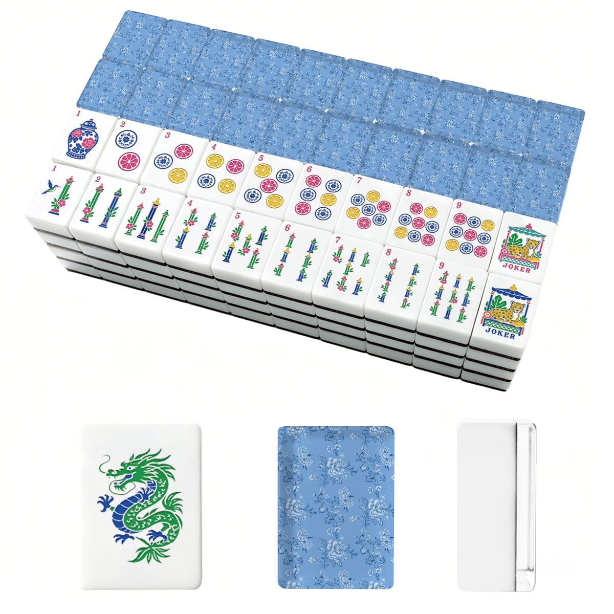 Baby Blue Floral Chinoiserie American Engraved Mahjong Tiles And Carry Case - Splash Of Mahj And Color Co.
