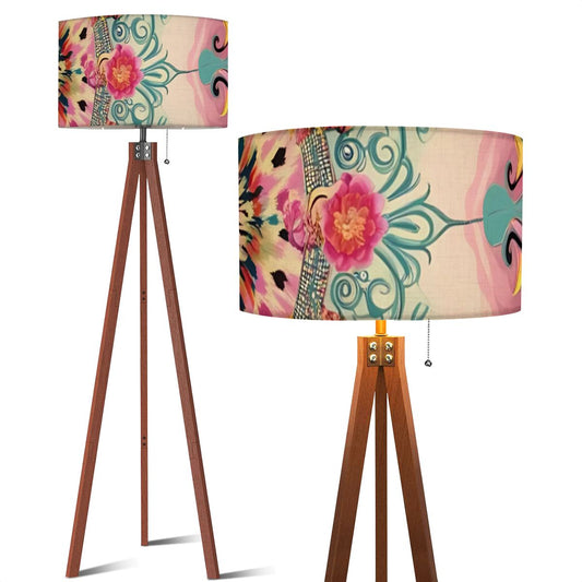 Bohemian Watercolor Pink Teal Floral Modern Tripod Floor Lamp