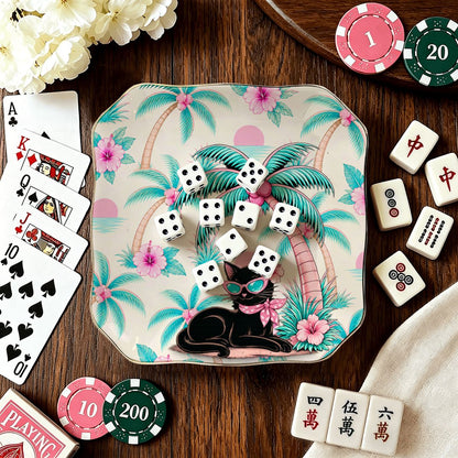 Meow Tropical Paradice Floral Scalloped Ceramic Mahjong Dice Tray
