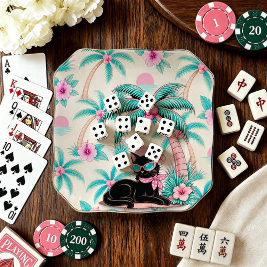Meow Tropical Paradice Floral Scalloped Ceramic Mahjong Dice Tray - Splash Of Mahj And Color Co.