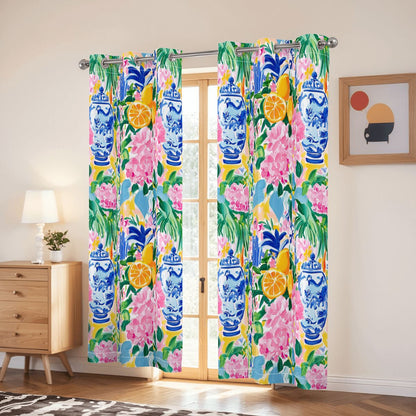 Preppy Floral Asian Chinoiserie Pink Blue Orange Citrus Blackout Curtain Panels - Splash of Color Co.