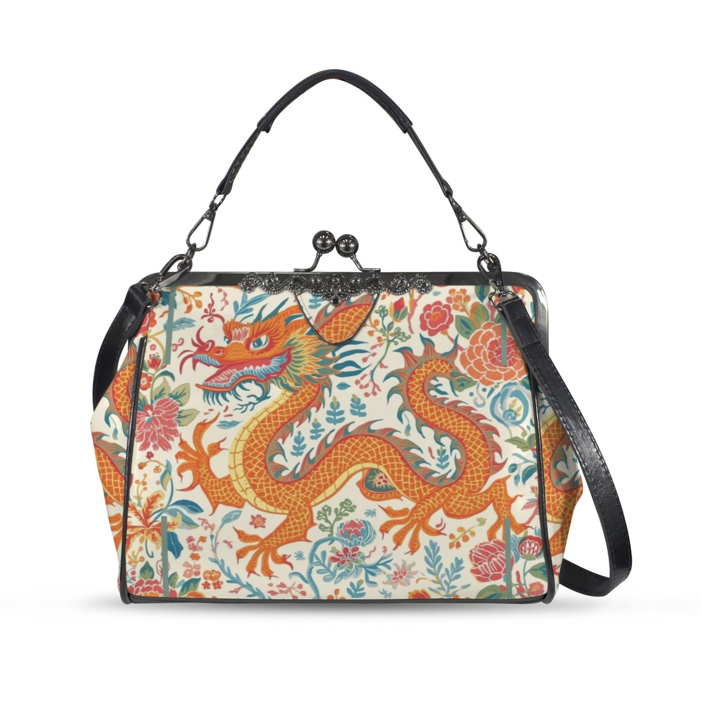 Asian Dragon Bold And Eclectic Modern Vintage Kisslock Shoulder Handbag - Splash of Color Co.