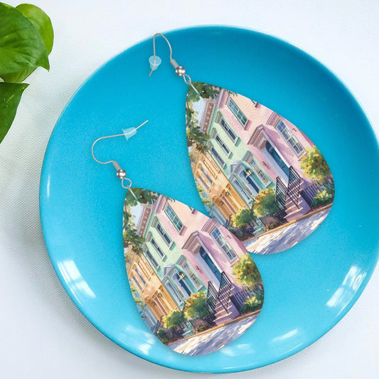 Charleston South Carolina Rainbow Row Leather Teardrop Earrings - Splash of Color Co.