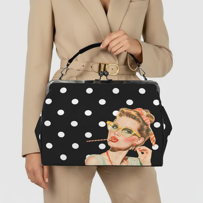 Trendy Black And White Polka Dot Nostalgic Sassy Girl Kisslock Handbag Kisslock Crossbody Shoulder Bag - Splash of Color Co.
