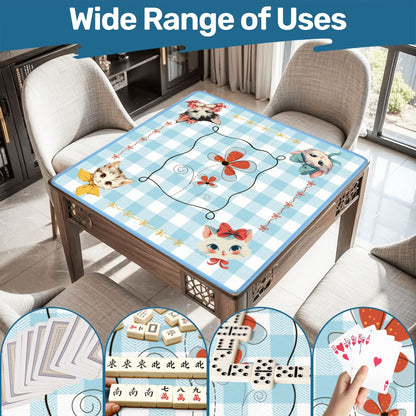 Mahjong Mat Vintage Whimsical Kittens, Blue White Gingham Preppy Check Mahj Mat - Splash Of Mahj And Color Co.
