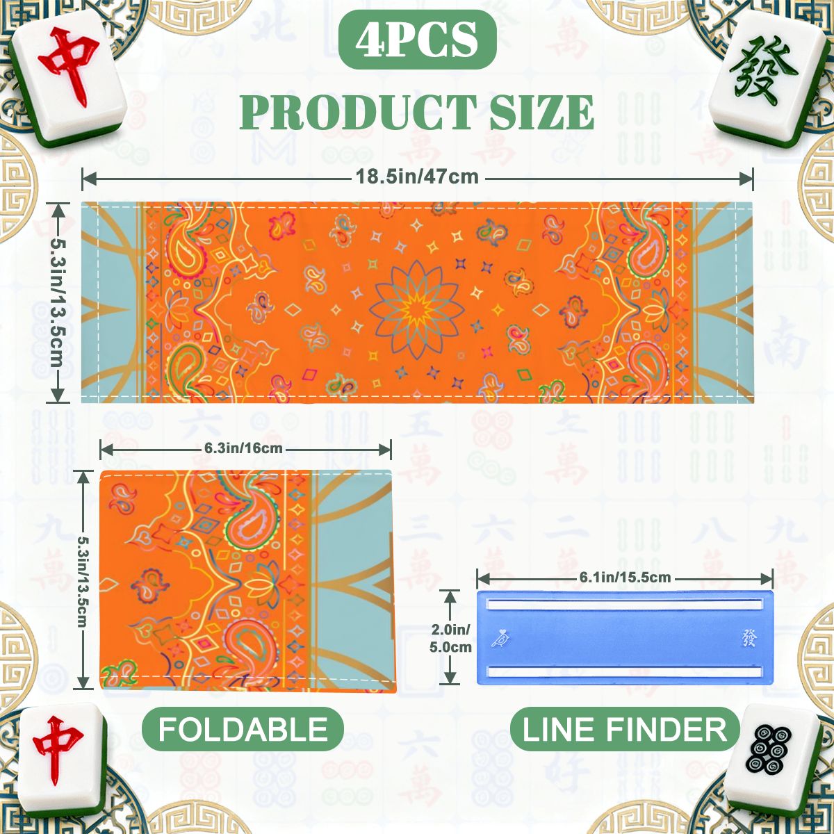 Celestial Sun, Orange Aqua Designed 4 Mahjong Card Holder with Line Finder