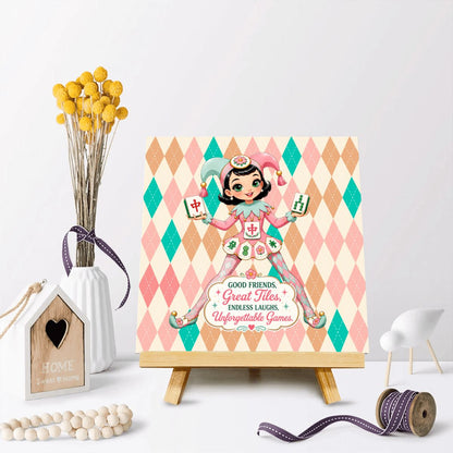 Mahjie The Mascot Harlequin Designed Whimsical Fun Wood Block Sign Art