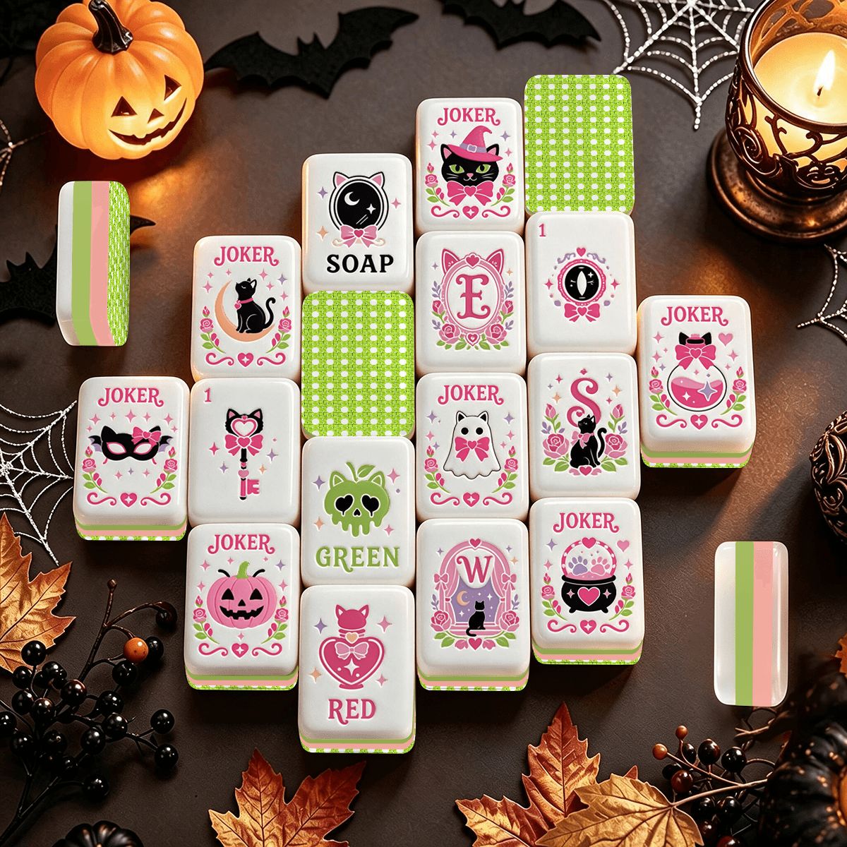 Limoncello Cane Witch's and Kitties Halloween Mahjong Layered Tiles With Carry Case - Splash Of Mahj And Color Co.