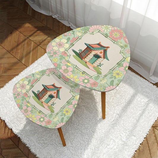 Floral Heritage Mahjong Nesting Tables, Whimsical Mahj House Pink Green Preppy Tables