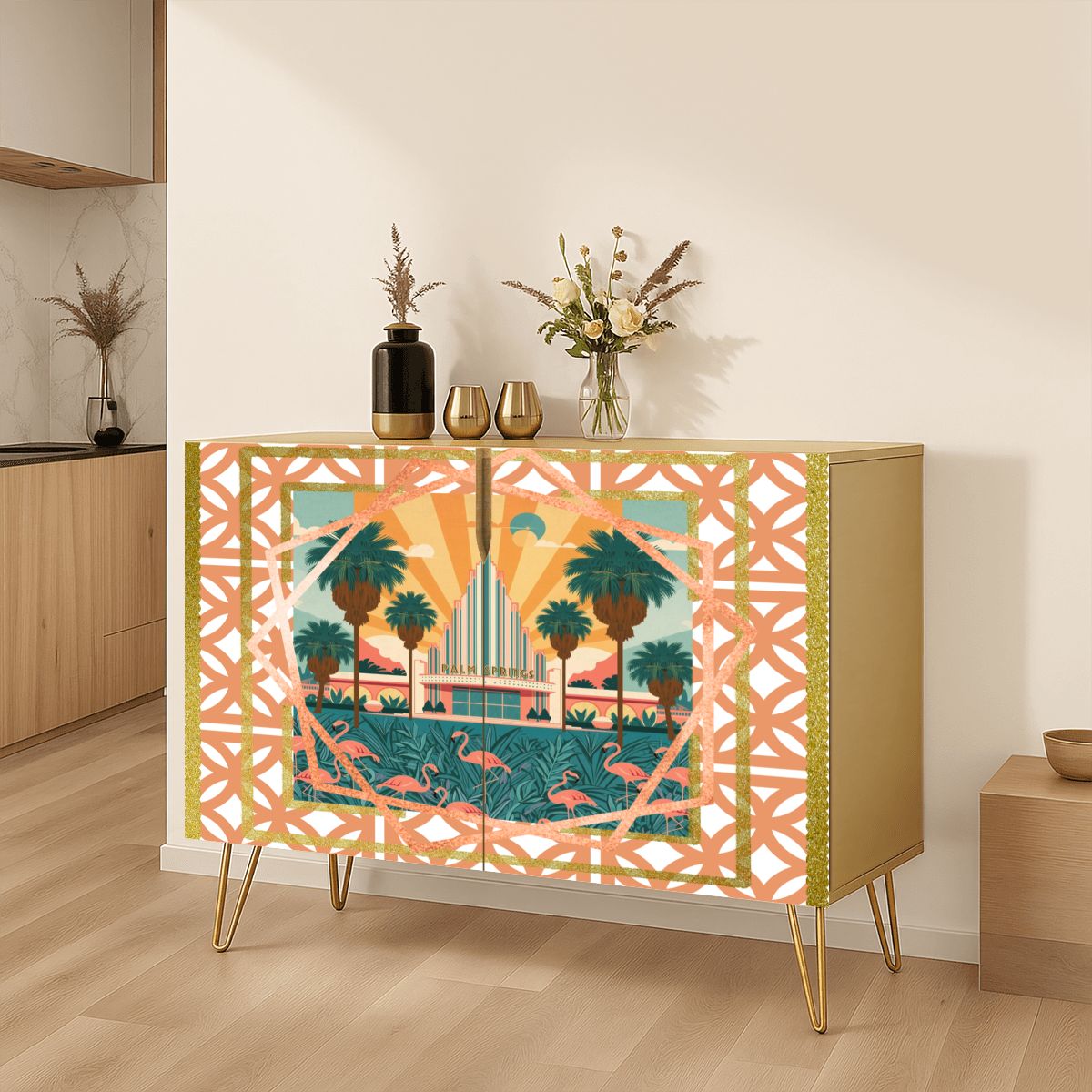 Art Deco Modern Wooden Storage Cabinet, Featuring Palm Springs California - Splash of Color Co.