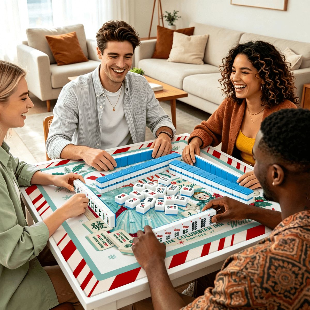 Mahjong White Nostalgic Christmas Haynes Sisters Mahjong Mat Sleek Surface - Splash Of Mahj And Color Co.