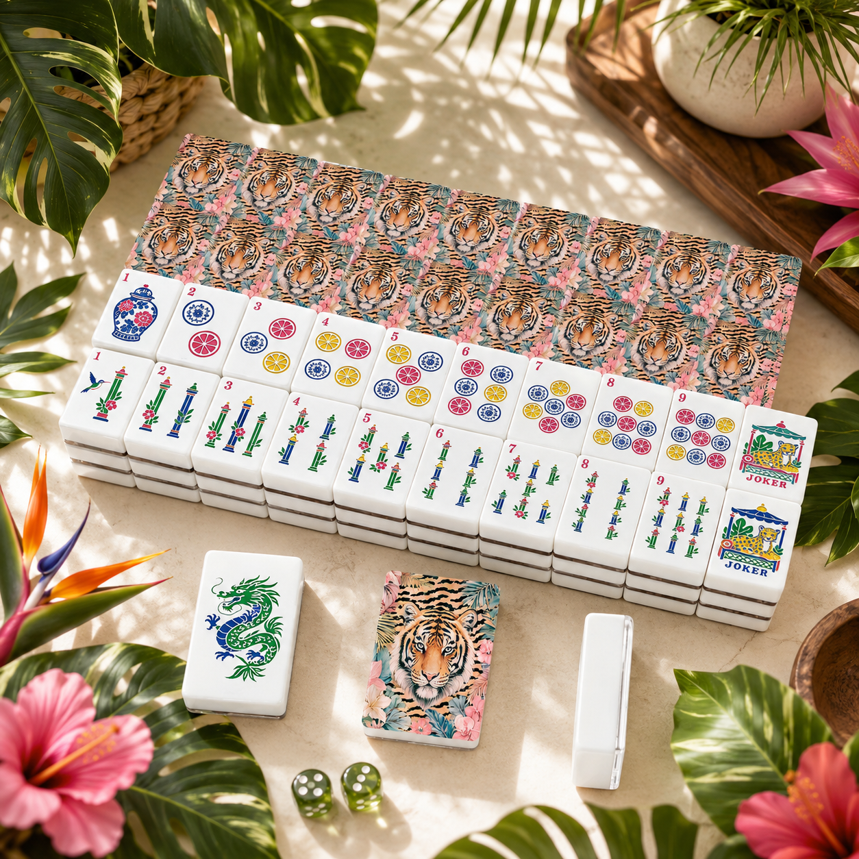 Tiger es' Tropical Chinoiserie Jungle Mahjong Tiles And Carry Case - Splash Of Mahj And Color Co.