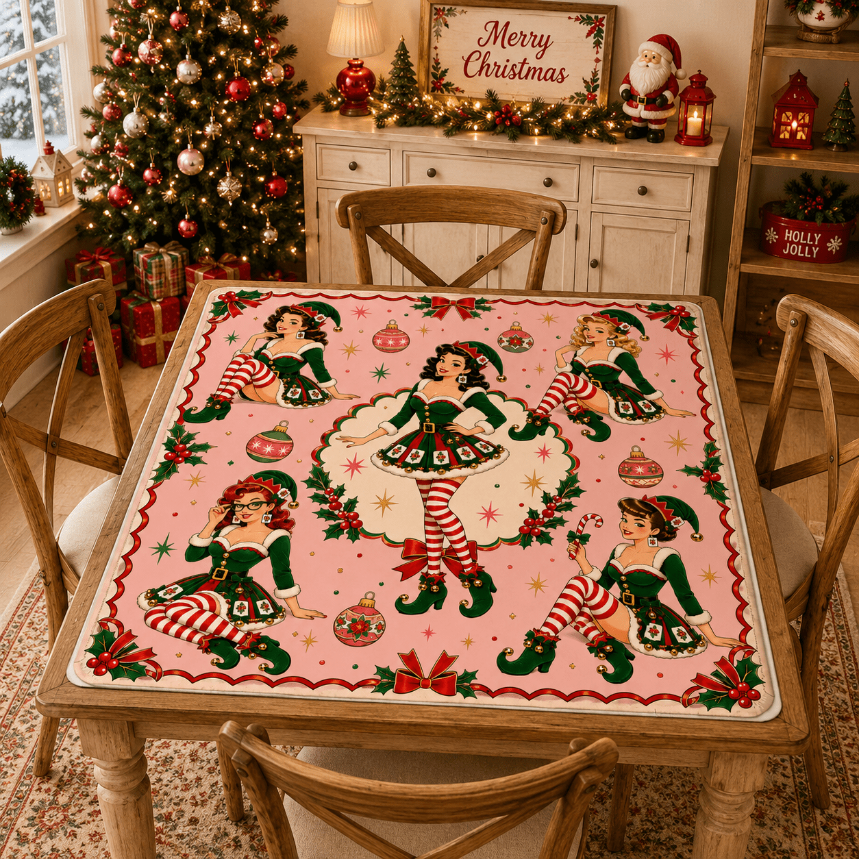 Sexy Vixen Christmas Elves Mahjong Christmas Mat - Splash Of Mahj And Color Co.