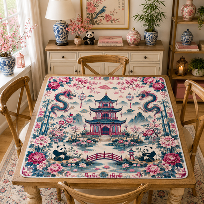 Playful Pandas And Dragon Chinoiserie Pagoda Mahjong Mat Blue And Mauve - Splash Of Mahj And Color Co.