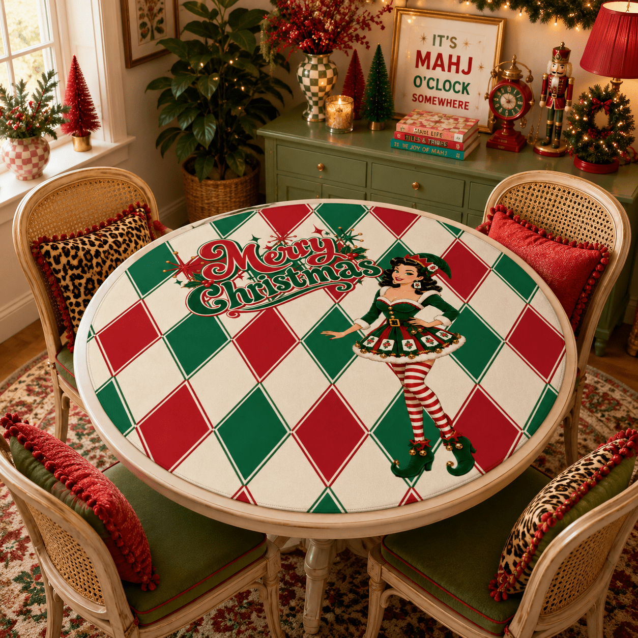 Merry Madge Christmas Harlequin Designed Round Mahjong Mat - Splash Of Mahj And Color Co.