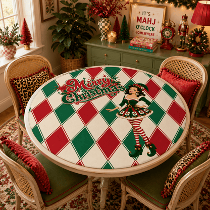 Merry Madge Christmas Harlequin Designed Round Mahjong Mat - Splash Of Mahj And Color Co.