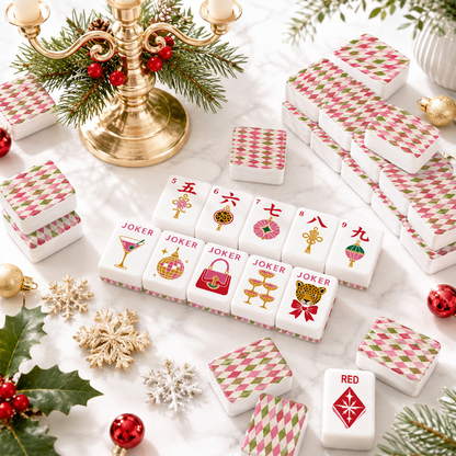 Vintage Shiny Brite Harlequin Christmas Pink And Green Glam Holiday Christmas Engraved Mahjong Tiles And Carry Case