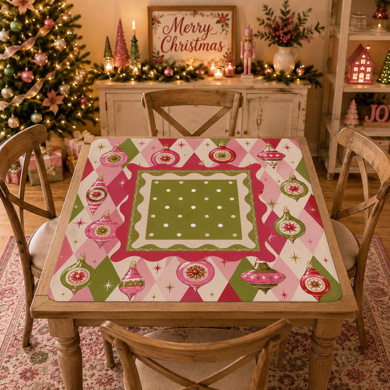Vintage Shiny Brite Harlequin Christmas Pink And Green Mahjong Mat