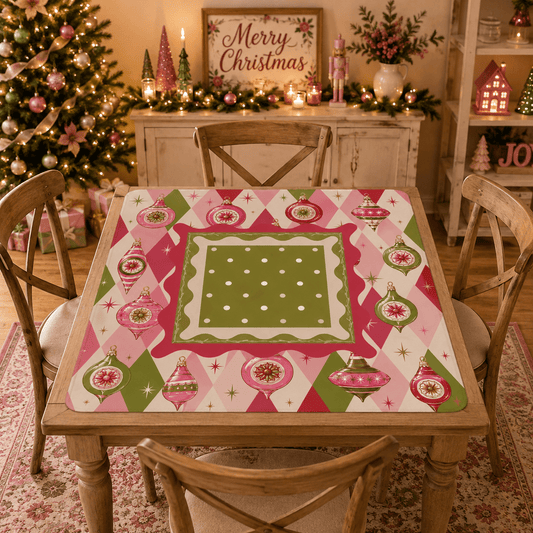 Vintage Shiny Brite Harlequin Christmas Pink And Green Mahjong Mat - Splash Of Mahj And Color Co.