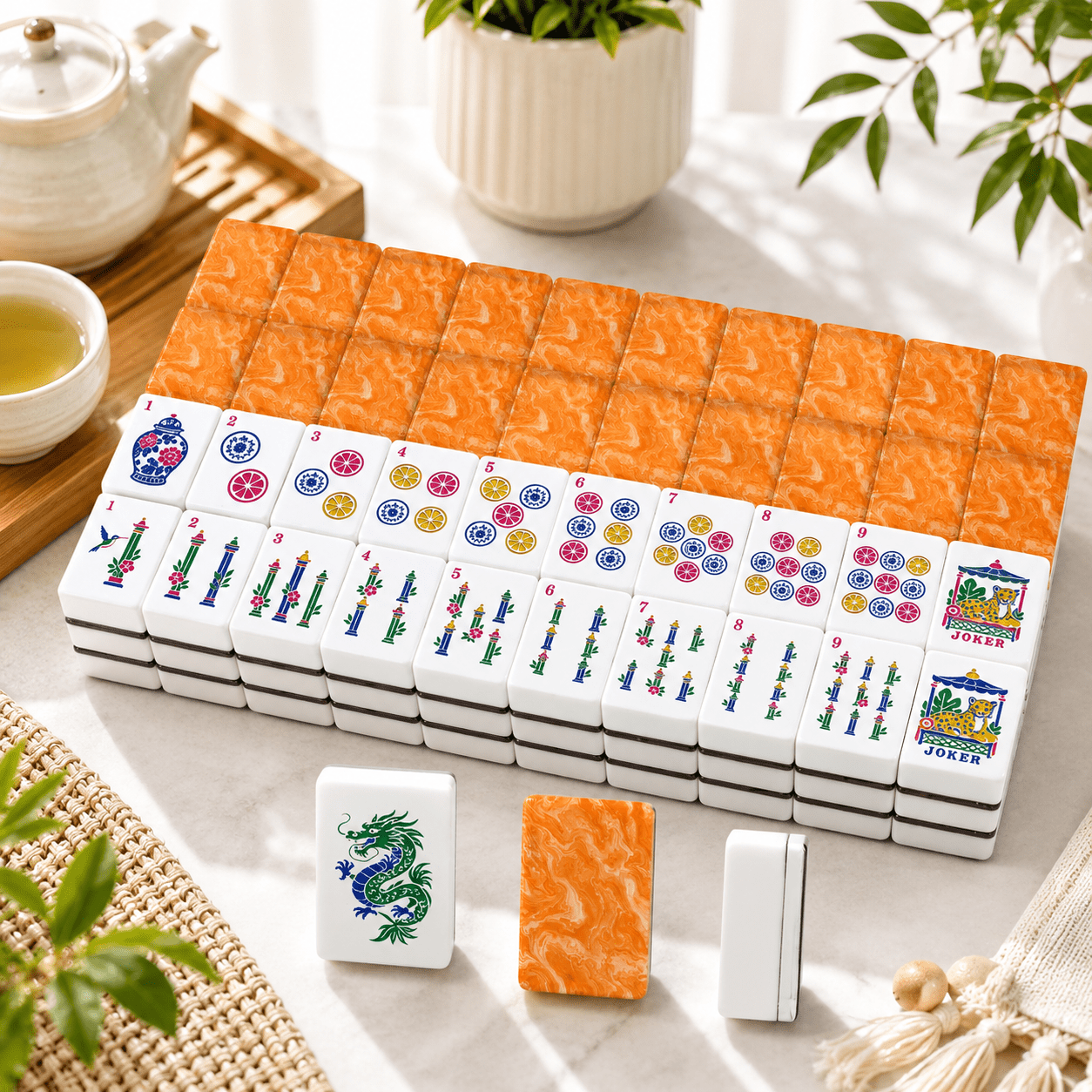 Orange Marbled Chinoiserie American Mahjong Tiles And Carry Case - Splash Of Mahj And Color Co.