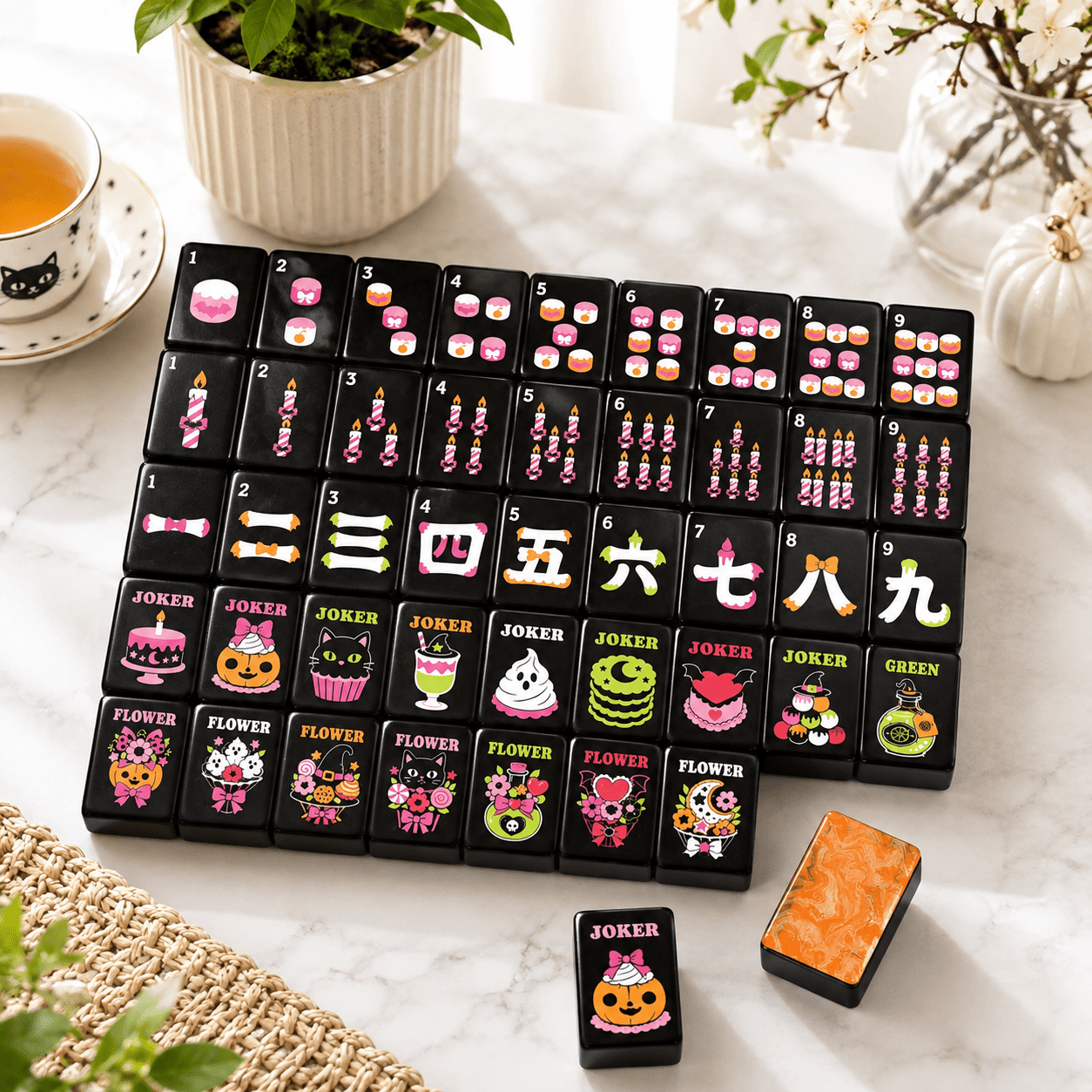Orange Marbled Gothic Dessert Engraved Halloween Mahjong Tiles And Carry Case - Splash Of Mahj And Color Co.