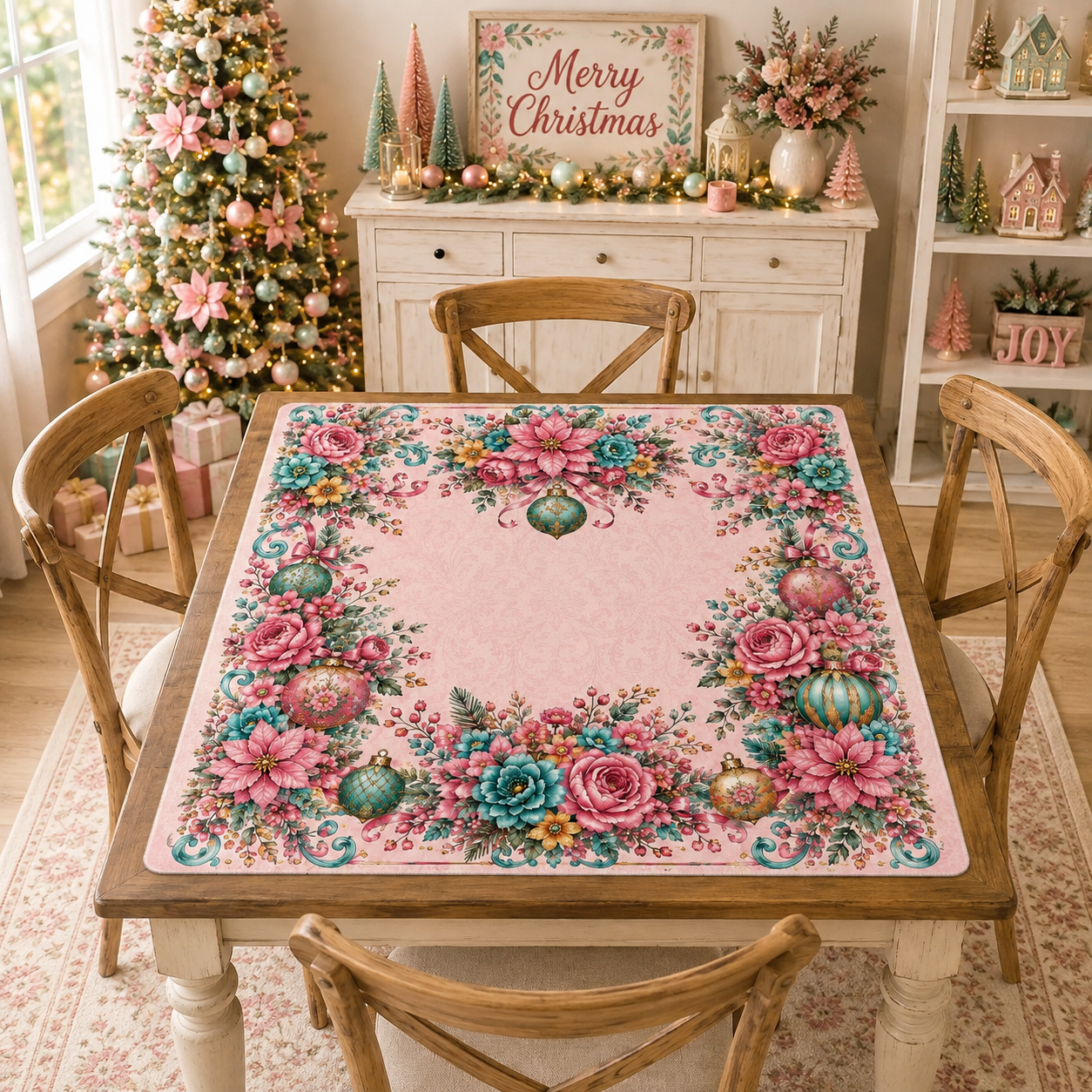 Christmas In Full Bloom Pink, Aquas, Mahjong Holdiay Mat - Splash Of Mahj And Color Co.