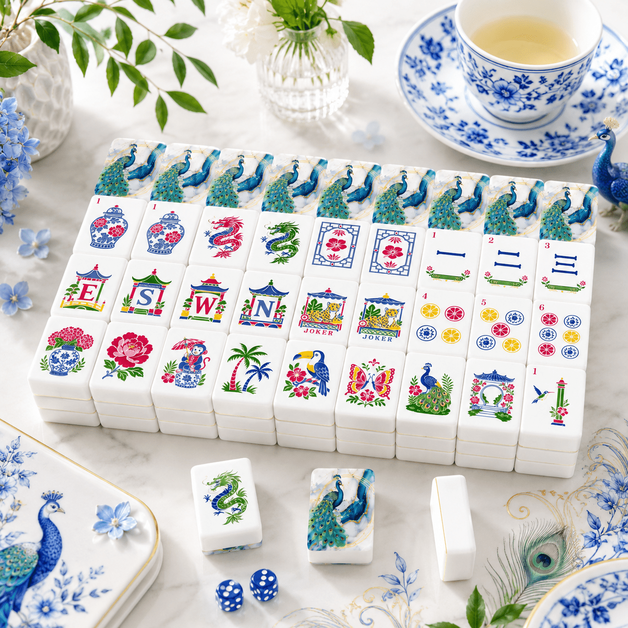 Gilded Marbles Blue And Gold Peacock Chinoiserie American Mahjong Tiles And Carry Case - Splash Of Mahj And Color Co.