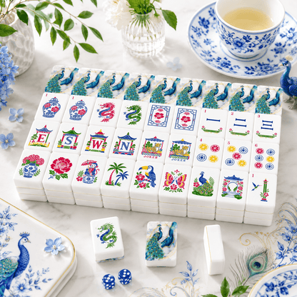 Gilded Marbles Blue And Gold Peacock Chinoiserie American Mahjong Tiles And Carry Case - Splash Of Mahj And Color Co.