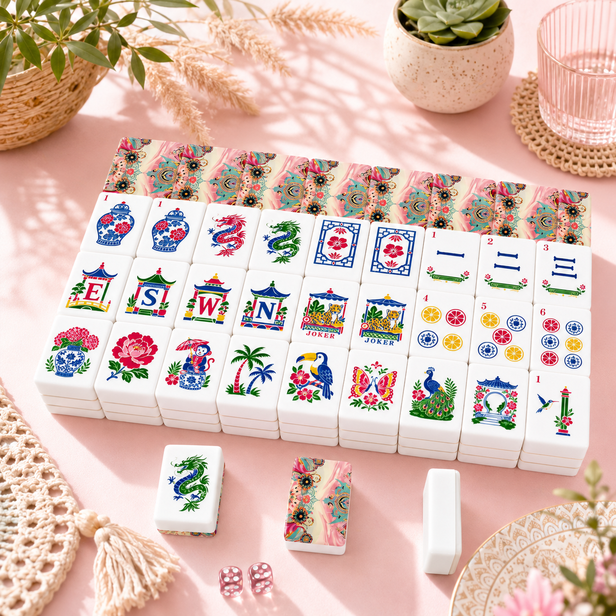 Bejeweled Toned Ikat Watercolor, Chinoiserie Mahjong Tiles And Carry Case - Splash Of Mahj And Color Co.