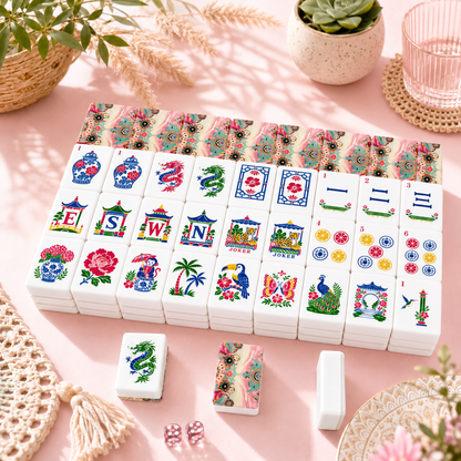 Bejeweled Toned Ikat Watercolor, Chinoiserie Mahjong Tiles And Carry Case - Splash Of Mahj And Color Co.