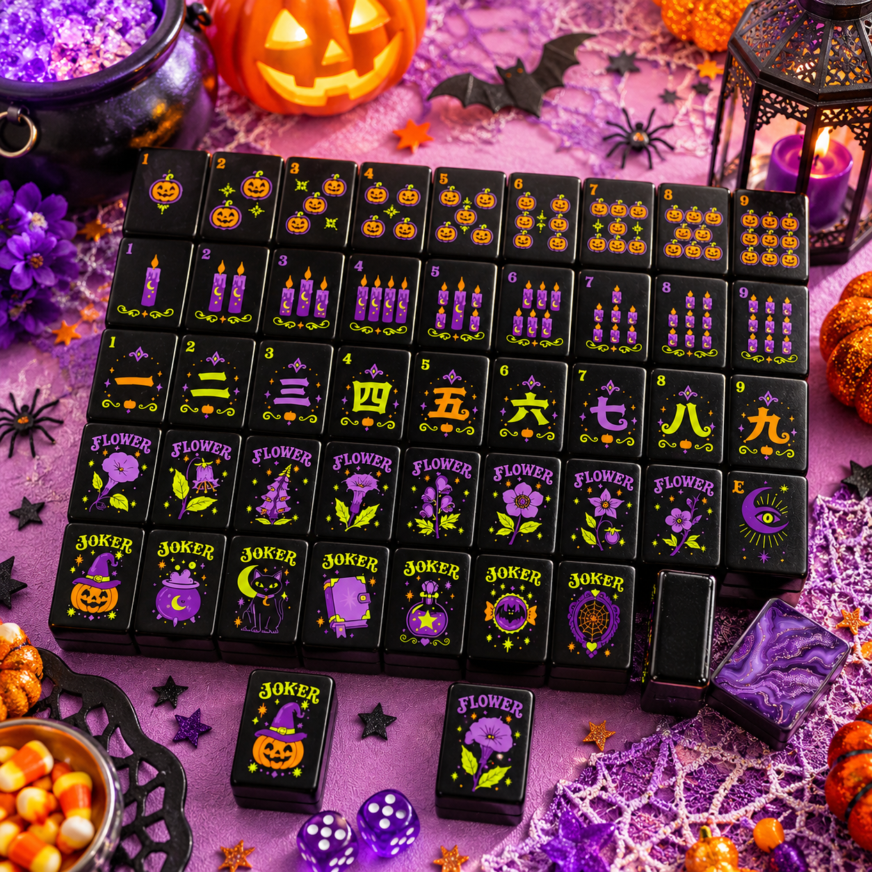 Purple Pumpkin Hex Halloween Mahjong Tiles And Carry Case - Splash Of Mahj And Color Co.