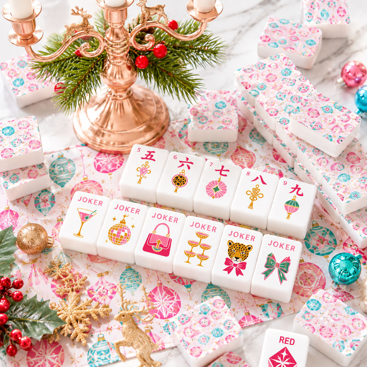 Shiny And Brite Mahjong Christmas Engraved Tiles And Carry Case - Splash Of Mahj And Color Co.