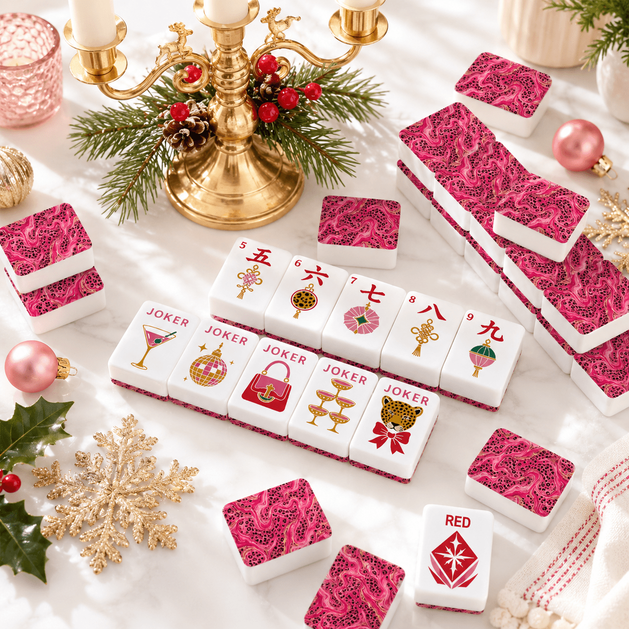 Hot Pink Wild Things Christmas Mahjong Tiles And Carry Case Glam Holiday - Splash Of Mahj And Color Co.