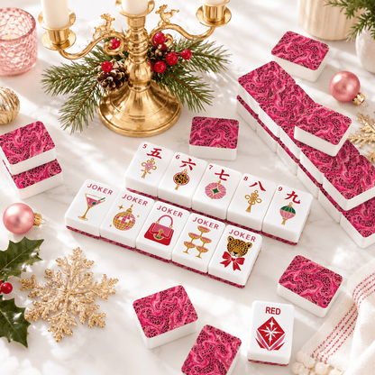 Hot Pink Wild Things Christmas Mahjong Tiles And Carry Case Glam Holiday - Splash Of Mahj And Color Co.