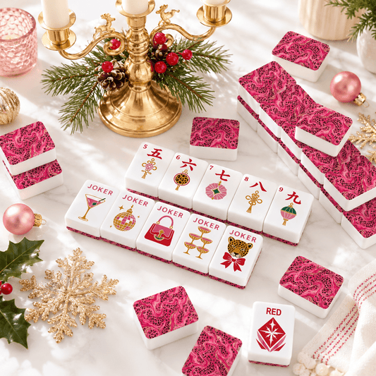 Hot Pink Wild Things Christmas Mahjong Tiles And Carry Case Glam Holiday - Splash Of Mahj And Color Co.