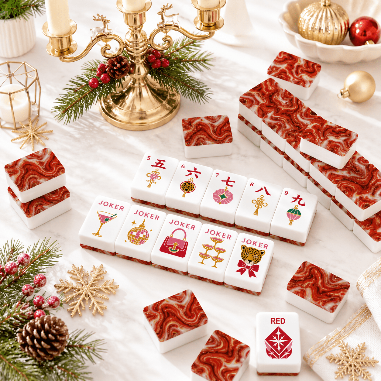 Red Marbled Glam Holiday Christmas Mahjong Tiles And Carry Case - Splash Of Mahj And Color Co.