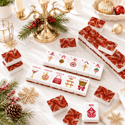 Red Marbled Glam Holiday Christmas Mahjong Tiles And Carry Case - Splash Of Mahj And Color Co.