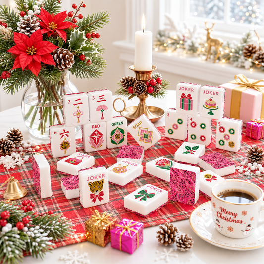 Hot Pink Wild Things Christmas Mahjong Tiles And Carry Case Glam Holiday - Splash Of Mahj And Color Co.