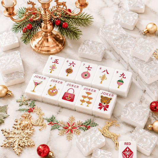 Mother Of Pearl Christmas Glam Holiday Mahjong Tiles And Carry Case - Splash Of Mahj And Color Co.