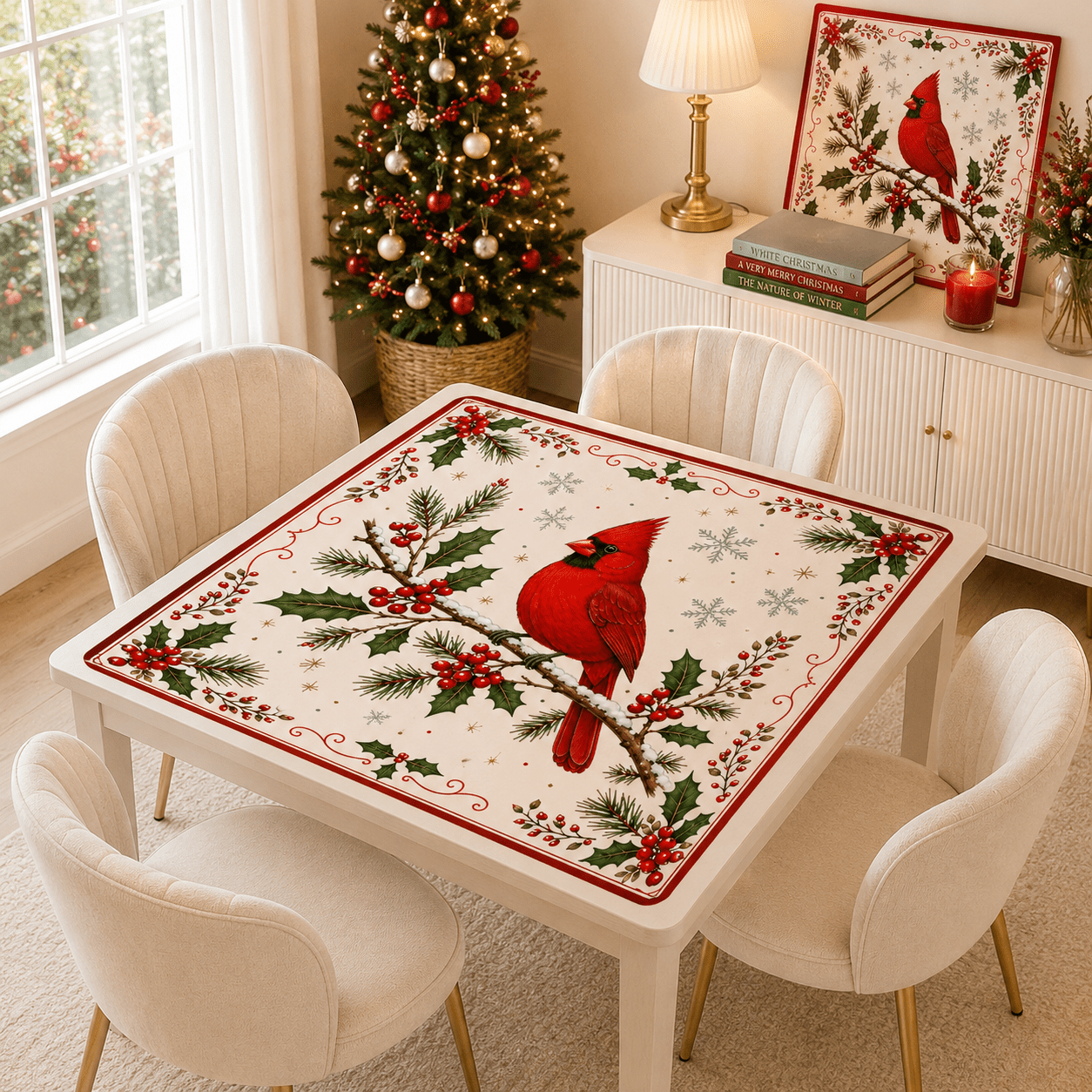 Winterberry Cardinal Bird Custom Mahjong Mat - Splash Of Mahj And Color Co.