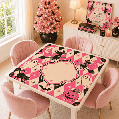 Harlequin Halloween Pink Witches, Ghosts Seasonal Custom Mahjong Mat - Splash Of Mahj And Color Co.